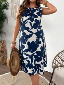 SHEIN VCAY 大码蓝白印花休闲连衣裙