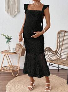 SHEIN Pregnant Women Square Neck Floral Lace Fitted Elegant Ruffle Trim Dress Maternity Dress - Black - View 4