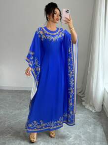 Elenzga Round Neck Ruched Waist Elegant Floral Print Long Dress For Women - Blue - View 4