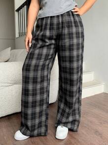 Dazy Plus Quần ống đứng kẻ caro rộng rãi phong cách đường phố thường ngày cho nữ cỡ lớn - màu đen - Xem 4