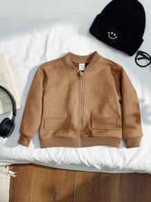 SHEIN Jaket Baseball Bayi Laki-laki, Saku Tempel Kasual, Kain Bertekstur Suede Lembut, Pakaian Luar Nyaman untuk Aktivitas Luar Ruangan, Musim Gugur/Musim Dingin - Coklat - View 4