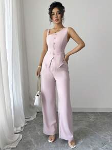 Elenzga 女士春夏斜肩带纽扣无袖背心和直腿纽扣裤套装 - 粉色 - 查看 3