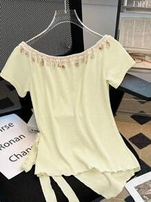 SHEIN Unity Women's Floral Print Tie Bow Asymmetrical Hem Scoop Neck Vacation Tee Shirt - Apricot - View 2