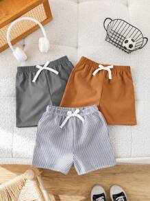 SHEIN 3pcs/Set Young Boy Buy Two Get One Free Three-Pack Casual Sports College Retro Striped And Solid Color Cost-Effective Multi-Pack Shorts Suitable For Clothes Back To School Boys Set Suitable For Birthday Parties, Evening Parties, Performances, Weddings, Baptisms, Opening Ceremonies Daily Suitable For Daily Use Suitable For School Suitable For Travel Suitable For Sports Suitable For Spring And Summer Seasons - Multicolor - View 3