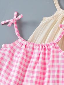 SHEIN Playful Pals 3 件套女童夏季连衣裙套装，包括纯色和条纹吊带裙，带蝴蝶结装饰，适合日常休闲穿着 - 彩色 - 查看 4