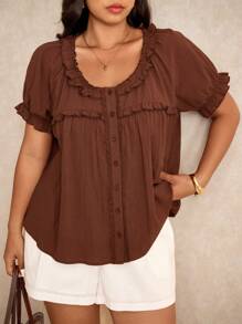 Elaquor 大码简约纯色短袖衬衫，夏季时尚 - 咖啡棕 - 查看 7