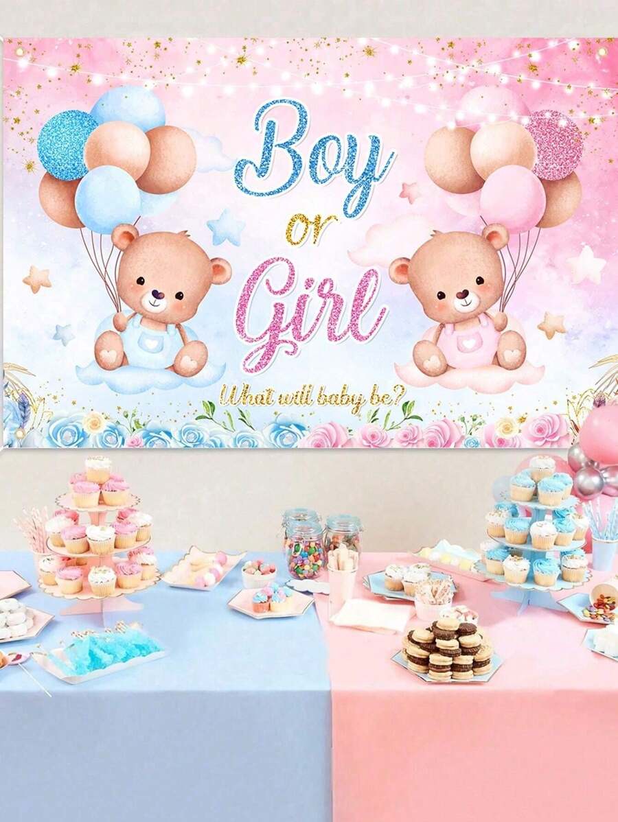 1件100*150cm性别展示派对装饰品、蓝色或粉色熊气球派对背景、性别展示横幅用品、圣诞节、母亲节 - 彩色 - 查看 1