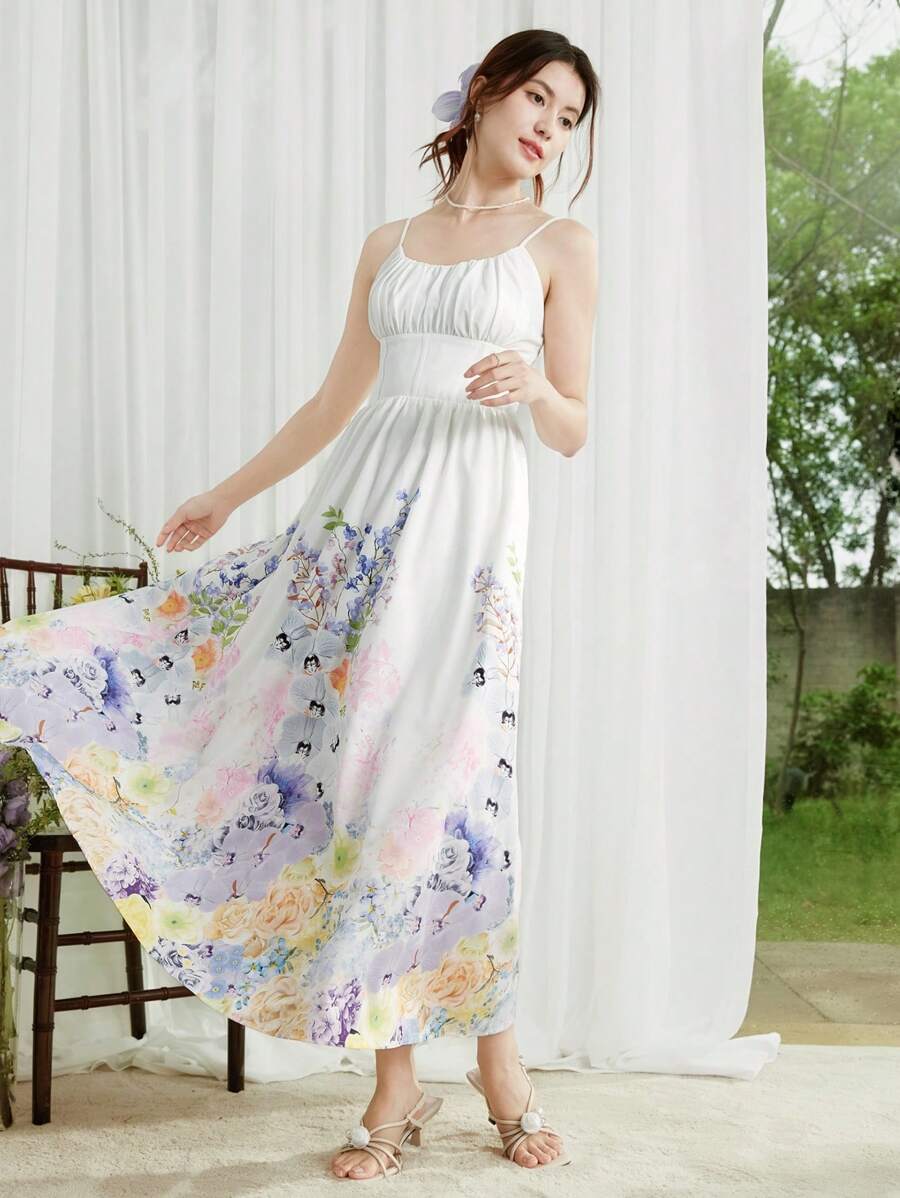 SHEIN LUNE Women Elegant Floral Print Sleeveless Waist-Defined Swing Dress - White - View 1