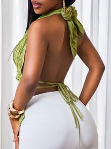BamGleam 女士春夏新款性感吊带纹理面料绿色吊带上衣，大露背设计，时尚百搭，适合海边度假 - 綠色 - 查看 2