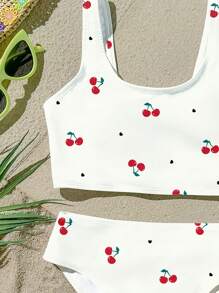 SHEIN Cute Mini Heart & Cherry Print Tween Girls Casual Simple Camisole And Bikini Bottom Swimsuit Set, Suitable For Summer - Multicolor - View 3