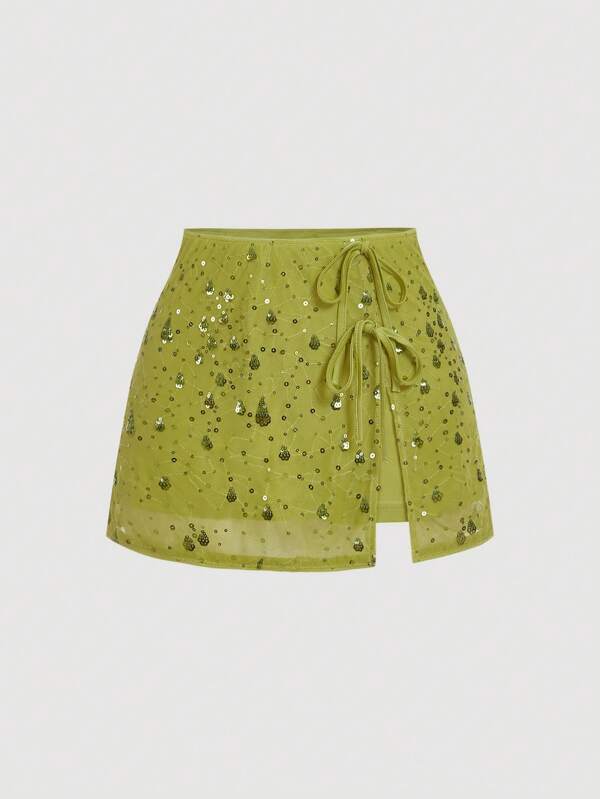 SHEIN MOD Minifalda verde con lentejuelas con mariposa y cintura anudada para mujer talla grande, para uso en el oeste, vacaciones, playa, estilo bohemio, cumpleaños, concierto country, rave, estilo old money, fairycore, falda con lentejuelas, falda con lazo, falda de verano, estilo bohemio