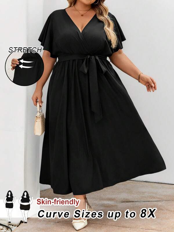 SHEIN CURVE+ Großen Größen Sommerurlaub V-Ausschnitt locker sitzender Jumpsuit-Kleid mit Blumenmuster und Schlitz-Detail am Saum, Damen, Valentinstags-Kleid, Kurvenreich, Hoho Urlaubsoutfit für den Strand, Strandkleid, Strandurlaubs-Outfit, Strandutensilien / Abschluss-/Teekleid