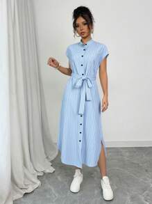 Selianne Romantic Elegant Graduation Concert Outfit Business Casual Old Money Style Anouk Yve Aura Quiet Style Commuter Blue Striped Shirt Dress Short Sleeves Pocket Bow Slits 2025 Spring And Summer Vacation And Leisure Home New Long Dress - Blue - View 3