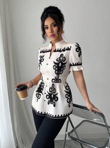 SHEIN Unity Women's V-Neck Printed Shirt With Ruffle Cuffs And Matching Button Decoration, Casual Vacation Style - Multicolor - View 1