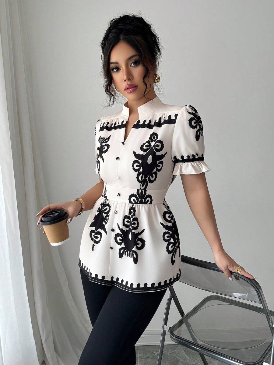 SHEIN Unity Women's V-Neck Printed Shirt With Ruffle Cuffs And Matching Button Decoration, Casual Vacation Style - Multicolor - View 1