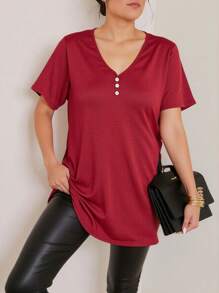 SHEIN LUNE Áo thun nữ công sở thanh lịch cổ chữ V màu trơn cỡ lớn, trang nhã, giản dị, mùa xuân/hè - Đỏ - Xem 5