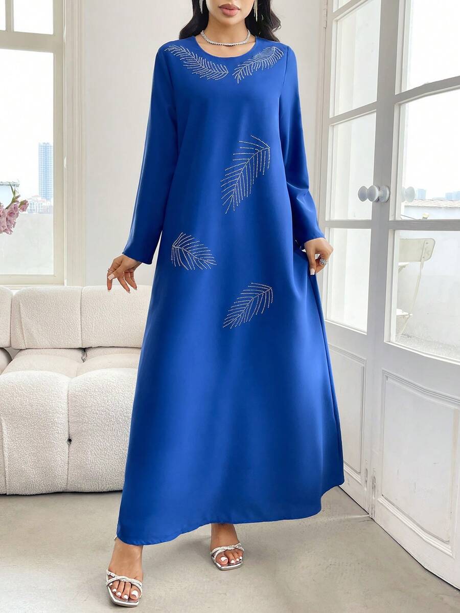 SHEIN Najma 女士宽松优雅休闲水钻装饰长袍，端庄 - 藍色 - 查看 1
