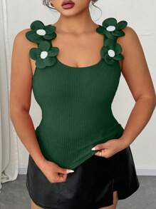 Elenzga 大码女式 3D 花卉装饰罗纹方领吊带背心，情人节款