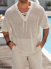 Manfinity RSRT Men's V-Neck Hollow Short Sleeve T-Shirt, Fashionable Suitable For Summer, Rave - Apricot - View 1