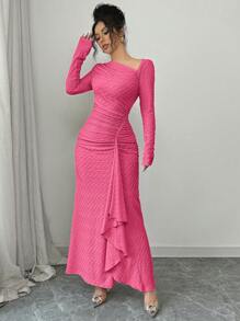 Elenzga Women's Elegant Fashionable Commuting Charming Long Sleeve Asymmetrical Collar Ruched Waist Bodycon Textured Knit Maxi Dress Fall Cloth For Women