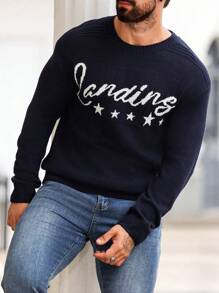 Manfinity Homme Jersey de cuello redondo casual con estampado de estrella de cinco puntas para hombre, para otoño/invierno - Negro - Ver 1