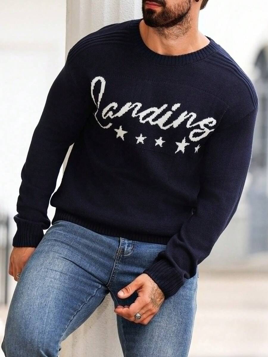 Manfinity Homme Jersey de cuello redondo casual con estampado de estrella de cinco puntas para hombre, para otoño/invierno - Negro - Ver 1