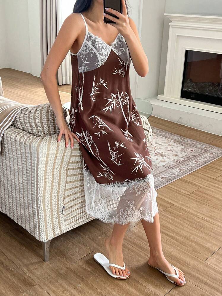 DAZY Robe de nuit à patchwork de dentelle bicolore avec imprimé bambou de style chinois pour femmes - Tabac - Voir 4