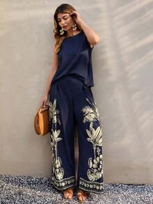 SHEIN Clasi Plus Size Women 2pcs Set, Solid Color Round Neck Sleeveless Top And Palm Tree Print Pants - Multicolor - View 5