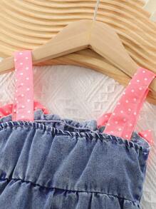 SHEIN Playful Pals 女婴时尚波尔卡圆点撞色肩带连体衣，带 3D 蝴蝶结 - 彩色 - 查看 5