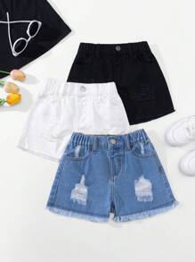 3pcs Casual Young Girls Denim Shorts Set, Distressed Washed Jeans, Versatile Style - Multicolor - View 1