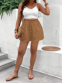 SHEIN LUNE Plus Size Solid Color Fashion Shorts, Suitable For Summer - Brown - View 4