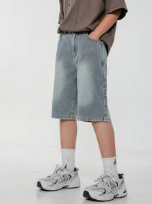 SHEIN Explorewe Pantaloncini di jeans per ragazzi adolescenti, moda di strada casual e comoda, stile urbano cool hipster, estate vintage vintage, pantaloncini di jeans con vita elastica allentati