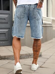 Manfinity Roughcore Herren ausgewaschene hellblaue Denim Cargo Shorts, Streetwear Loose Fit Jorts - Helle Waschung - Übersicht 2