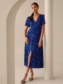 Lilora Váy midi tay bèo cổ chữ V họa tiết hoa jacquard dành cho nữ, thanh lịch mùa xuân/hè - Màu xanh hải quân - Xem 8