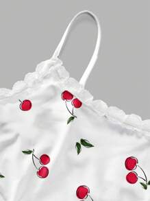 SHEIN Essnce Bộ 2 chiếc/Bộ đồ lót ren cho nữ và quần short xếp ly, họa tiết anh đào thích hợp cho mùa hè - Nhiều màu - Xem 3