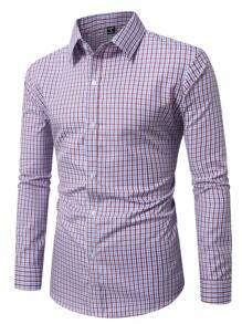 Manfinity Mode 男士休闲通勤格子长袖衬衫，秋季 - 彩色 - 查看 3