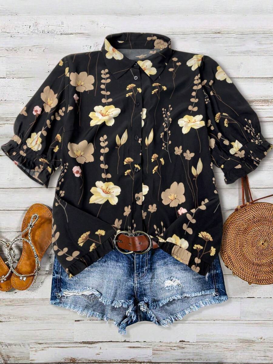 EMERY ROSE Elegant Floral Print Loose Fit Short Sleeve Open Front Shirt, Suitable For Commuting - Black - View 1