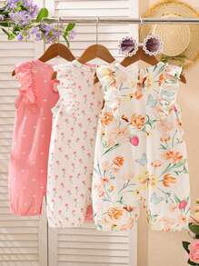 SHEIN Playful Pals 3件組女嬰象牙粉&白色甜美花卉印花短袖連身褲 夏季可愛休閒極簡主義吊帶褲 適合單身派對度假&外出 - 彩色 - 查看 2