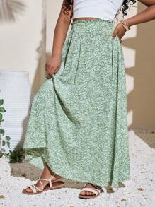 SHEIN 青春期女孩休闲度假碎花中长裙 - 薄荷綠 - 查看 4