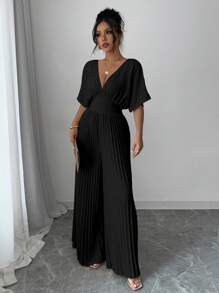 SHEIN PETITE 1 件纯色深 V 领蝙蝠袖褶皱优雅女式连体裤 - 黑色 - 查看 6