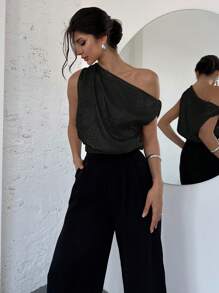 Firerie 女士情人节不对称露肩宽松金属涂层无袖衬衫，优雅浪漫，适合约会、派对、日常通勤 - 黑色 - 查看 6