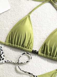 Soleia 4pcs/Set Women Swimsuit, Leopard Print Pattern Retro Romantic Elegant Sexy Party Solid Color, Includes Halter-Neck Swimsuit Top And Tie-Side Bikini Bottom - Multicolor - View 4