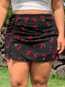 SHEIN EZwear Falda pantalón con estampado de cerezas en tallas grandes, para primavera/verano
