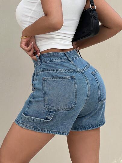 SHEIN ICON Women's Fitted Short Length Denim Shorts, Blue