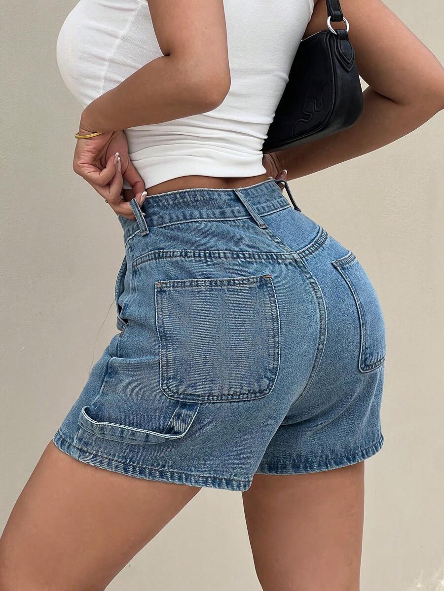 SHEIN ICON Women's Fitted Short Length Denim Shorts, Blue - Medium Wash - View 1