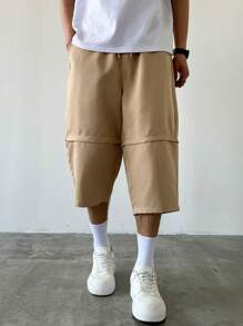 Manfinity Hypemode Men's Loose Solid Color 7 Inch Shorts, Can Be Detached To Bermuda Shorts, Summer - Khaki - View 3