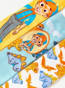 Blippi X SHEIN 3 Pairs Cartoon Figure Graphic & Dinosaur Pattern Kids Socks Set, 100% Cotton