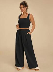 Travachic Plus Size Solid Color Square Neck Sleeveless Top And Pocket Decorated Pants Set, Casual,Summer Outfits For Women - Black - View 3
