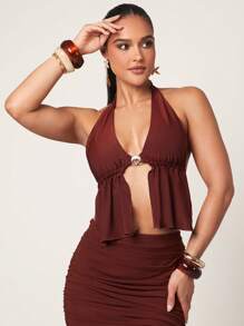 Silquee 女式优雅金属装饰不对称下摆露背吊带背心，夏季 - 棕色 - 查看 6