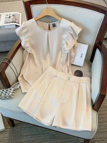 GlowEve CURVE 2pcs Women Elegant Simple Casual Satin Round Neck Ruffle Sleeve Top + Shorts Suits - Apricot - View 6